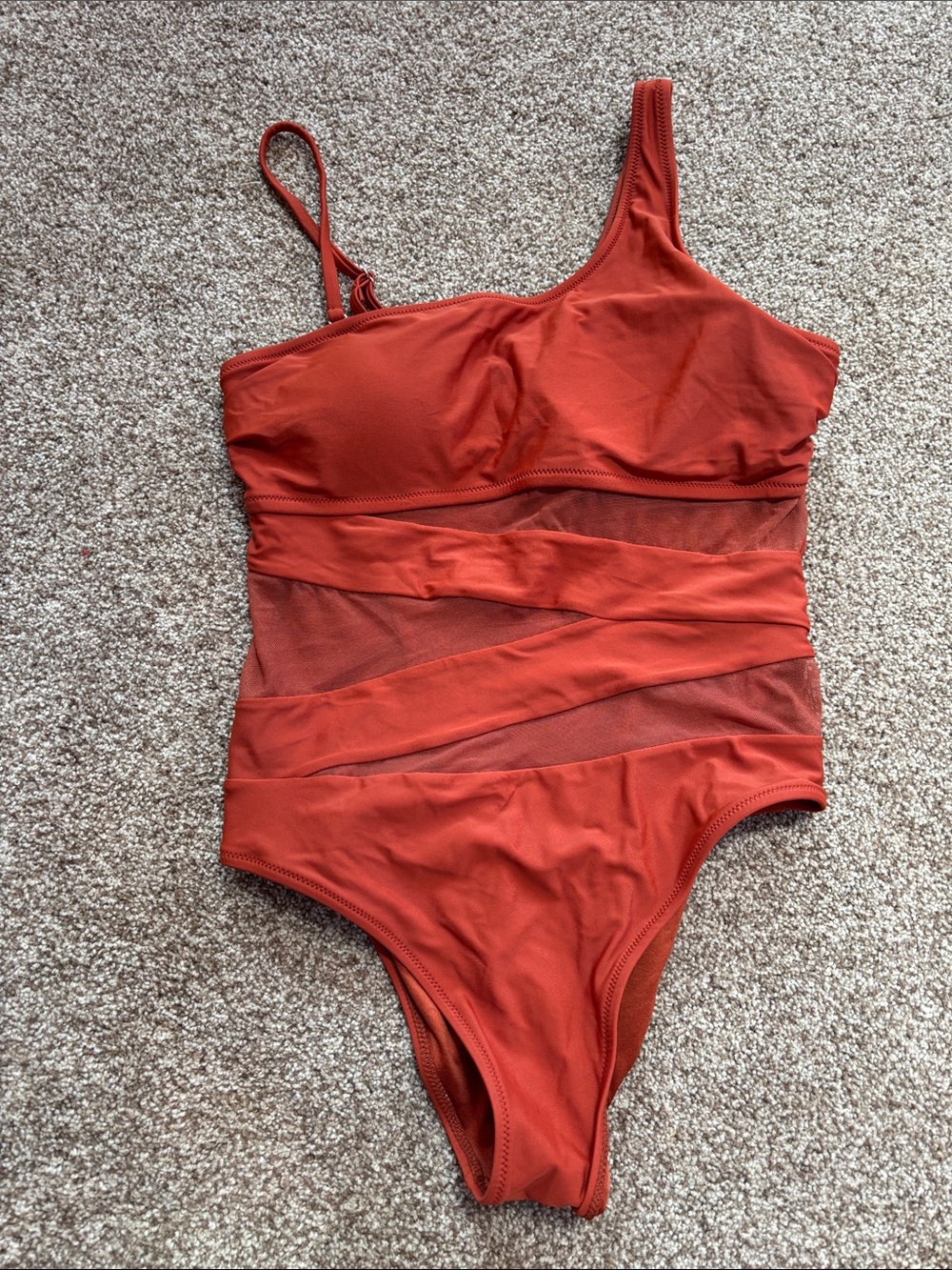 Rust One-Shoulder Mesh Panel One-Piece Swimsuit